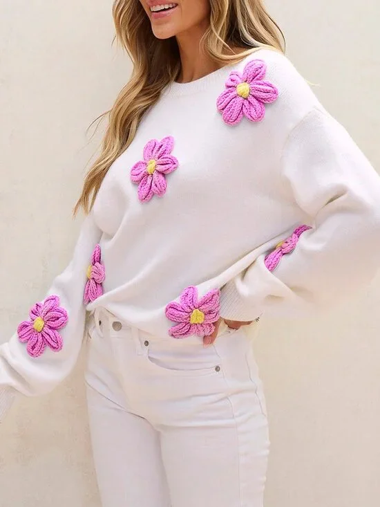 White Casual Women's Cute Elegant Floral Long Sleeve Crew Neck Sweater - Picture 4 of 7